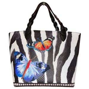 Zebra Brighton Africa Stories Tote with Colorful Butterfly Accents Black & White